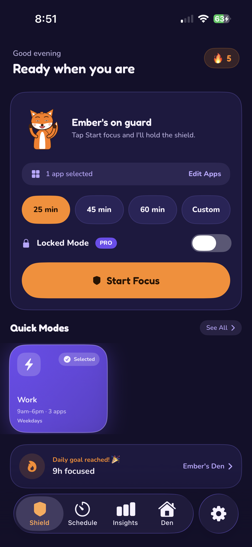 The Ember home screen showing Start focus button, quick modes, and Ember the fox on guard